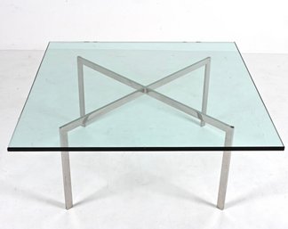 Mid Century Modern Mies Van Der Rohe Inspired Barcelona Glass & Chrome Cocktail Coffee Table 42'x42'