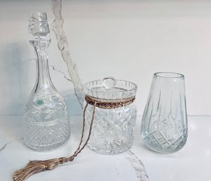 Lot Of 3 Crystal Pcs, Jar, Vase, Galway Decanter