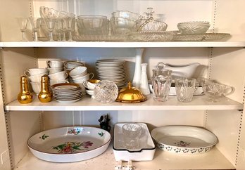 Three Shelves Large Lot Of Glassware, Porcelain, Crystal Etc. As Shown