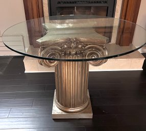 Silver Leaf Column Pillar Pedestal Foyer Table With Glass Top 40' Round