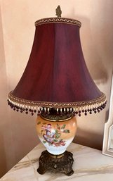 Antique Victorian Porcelain Lamp With Beaded Shade
