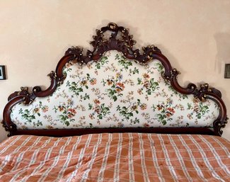 Exceptional French Heavily Carved King Size Upholstered Headboard
