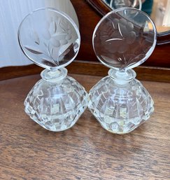 Pair Of Vintage Crystal Perfume Bottles With Etched Stoppers