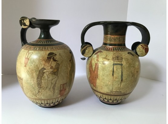 Rare Set Of Hand Painted Terracotta Greek Urns