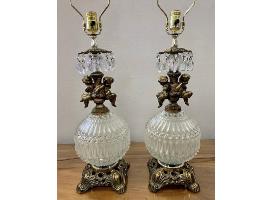 Matching Pair Of Vintage Hollywood Regency Crystal And Bronze Lamps With Cherubs