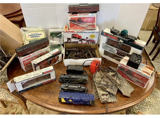 Extra Large Vintage Lionel Train Collection Set With Numerous Tracks, Switches, Greenery & Trestles