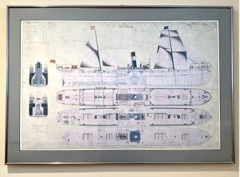 Large Professionally Framed And Matted Ship Diagram Of Dryden Forty Inches Wide
