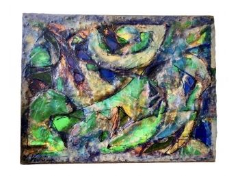 Signed Framed Abstract Art Glass Mosaic Painting 30' Wide
