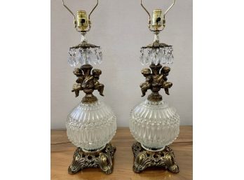 Matching Pair Of Vintage Hollywood Regency Crystal And Bronze Lamps With Cherubs