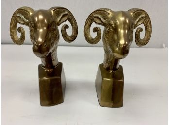 Pair Vintage Mid Century Brass Rams Head Bookends