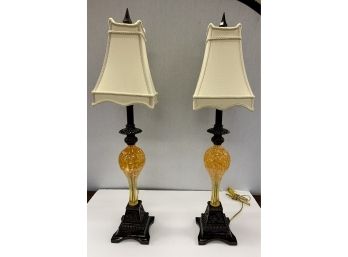 Amazing Pair Of Vintage Art Glass Amber Table Lamps