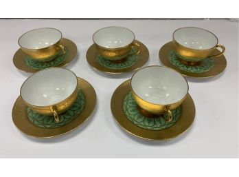 Rare Antique Limoges Green And Gold Porcelain Tea Cups And Saucers 10Pc Set