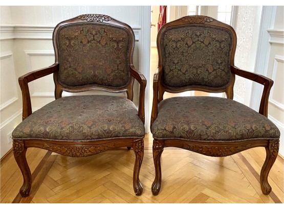 PAIR OF UPSCALE CARVED ARMCHAIRS WITH ELEGANT PAISLEY UPHOLSTERY