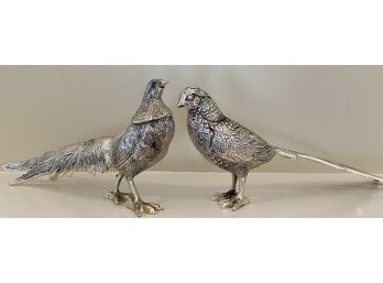 HIGHLY DECORATIVE PAIR OF SILVER PHEASANT SCULPTURES