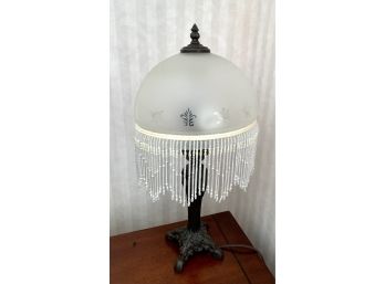VICTORIAN LAMP WITH ETCHED GLASS SHADE AND BEADED FRINGE