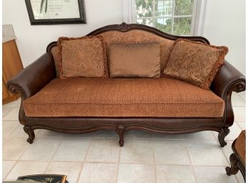 CARVED MAHOGANY AND LEATHER DESIGNER CHENILLE SOFA WITH NAILHEADS - Delivery Available