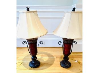 PAIR OF RED CRACKLE GLASS TABLE LAMPS