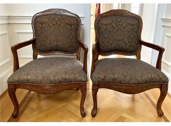 PAIR OF UPSCALE CARVED ARMCHAIRS WITH ELEGANT PAISLEY UPHOLSTERY