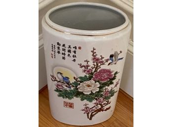 HAND PAINTED PORCELAIN ASIAN UMBRELLA STAND OR VASE WITH VIBRANT COLORS THROUGHOUT