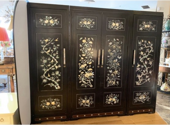 MONUMENTAL THREE PIECE ASIAN BLACK LACQUER AND MOTHER OF PEARL ARMOIRE CABINET - Delivery Available