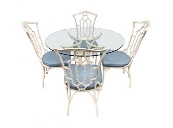 VINTAGE MOLLA  ITALIAN NEOCLASSICAL WHITE METAL FAUX BAMBOO DINING SET TABLE AND 4 CHAIRS - Delivery Available