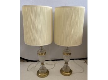 LUXURIOUS HOLLYWOOD REGENCY PAIR OF CRYSTAL & BRASS LAMPS WITH SHADES