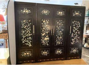 MONUMENTAL THREE PIECE ASIAN BLACK LACQUER AND MOTHER OF PEARL ARMOIRE CABINET - Delivery Available