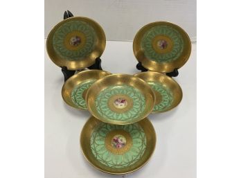 ANTIQUE SET OF 6 LIMOGES DESSERT PLATES SAUCERS DISHES GREEN AND GOLD