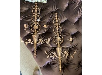 BEAUTIFUL DECORATIVE PAIR OF GOLD METAL TOLE WALL SCONCES