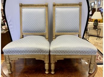 Pair French Louis XVI Low Profile Giltwood Chairs