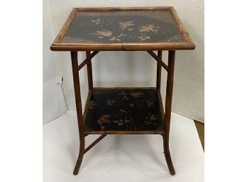COVETED HANDPAINTED ANTIQUE TWO-TIERED BAMBOO END TABLE