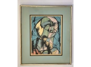 COLORFUL MID CENTURY MODERN ABSTRACT WATERCOLOR PORTRAIT FRAMED ART 19 X 22