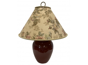 ASIAN OXBLOOD RED PORCELAIN LAMP WITH FLORAL SHADE