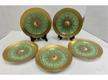 ANTIQUE COVETED SET OF 5 LIMOGES FRANCE SALAD PLATES IN GREEN AND GOLD.