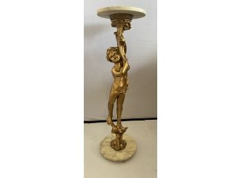 RARE HOLLYWOOD REGENCY ITALIAN GOLD PUTTI FIGURAL PEDESTAL STAND CIGARETTE TABLE W/ MARBLE TOP