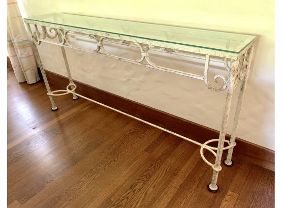 Handpainted White Distressed Iron And Glass Console Table