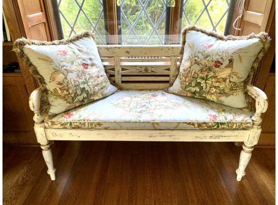 Magnificent French Cream Hand Painted Bench With Custom Seat Cushion And Two Pillows