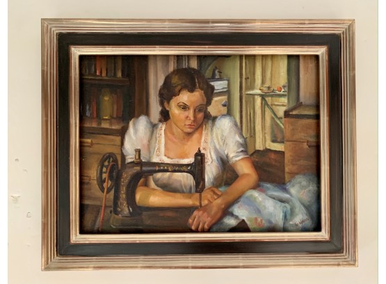 Original Artist Signed Oil On Canvas - Girl Sewing By Gibbons
