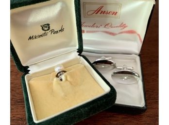 Silver Cuff Links And Mikimoto Pearl Tie Clip Great Gift