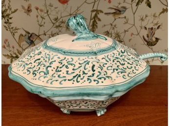 Deruta Italy Handpainted Ceramic Soup Tureen With Ladle