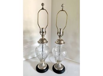 Vintage Pair Of Silverplate And Crystal Etched Table Lamps