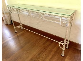 Handpainted White Distressed Iron And Glass Console Table
