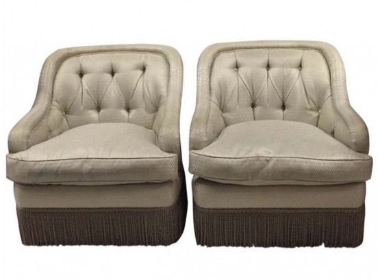 Pair Of Elegant French Tufted Club Chairs With Tassel Fringe