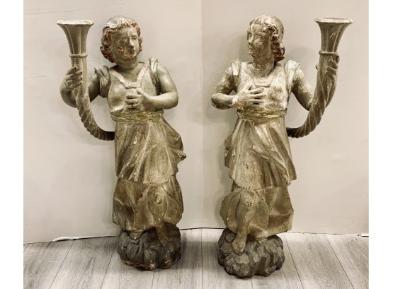 Tall 19th Century Carved Italian Wooden Statues Candleholders, 33 1/2' High