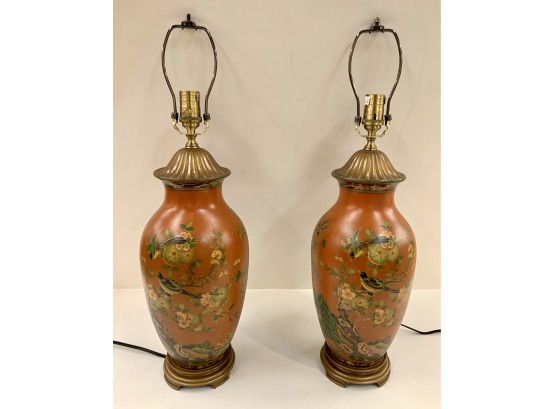 Pair Asian Orange Porcelain Lamps With Birds And Flowers