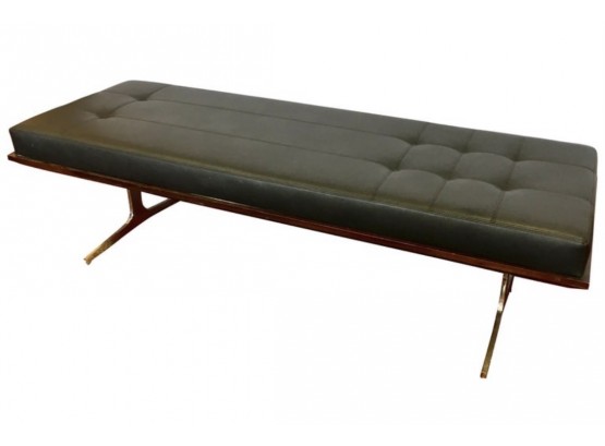 Bernhardt Signed Sleek Black Leather And Mahogany Bench Chaise Lounge Settee Daybed