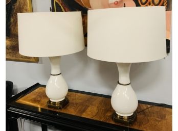 Vintage Mid Century Modern Milk Glass And Brass Lamps, Pair