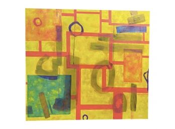 Mid Century Original Yellow Geometric Abstract Oil Painting On Canvas