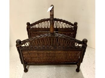 Large Antique Handmade Wicker Log Basket With Handle