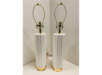 Pair Of Mid Century Art Deco Style White Fluted Lamps